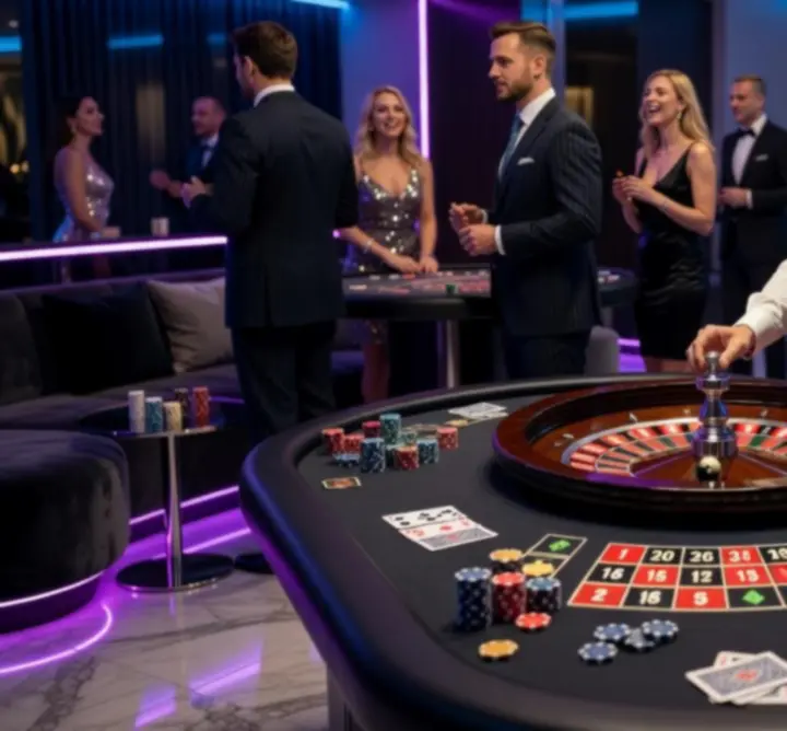 Kaszinó játék zóna blackjack és rulett asztalokkal.