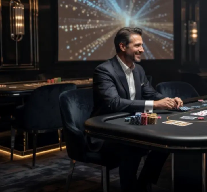 Elegáns kaszinó hangulatú lounge tér neon fényekkel és prémium berendezéssel