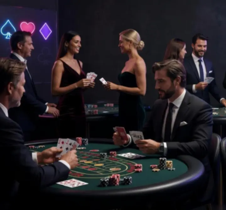 Elegáns kaszinó lounge neon fényekkel és blackjack asztallal.