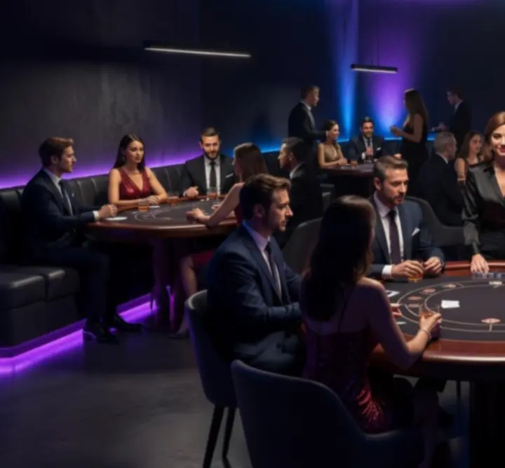 Hangulatos kaszinó lounge neon fényekkel és társasági asztalokkal